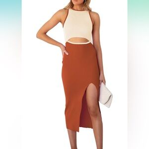 Women’s Cutout Crew Neck Sleeveless Tank Slit Ribbed Bodycon Midi Dress, Size M